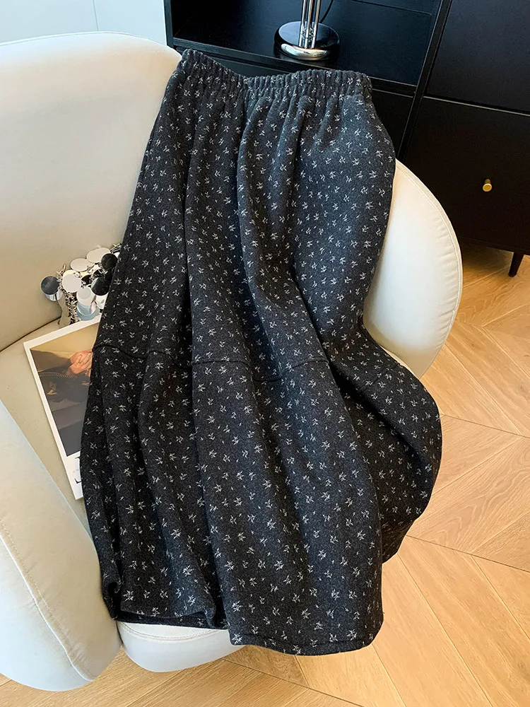 2026 New Floral Print Woolen Skirts Women's Autumn Winter Elastic Waist Umbrella Skirt Ladies Long Loose Warm Skirts U592