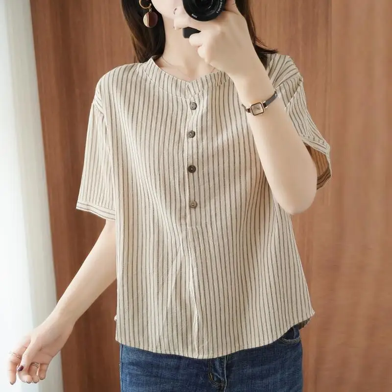 Women Summer Simplicity Loose Striped Cotton and linen O-neck short sleeve Shirts Ladies office Lady All-match Appear thin tops