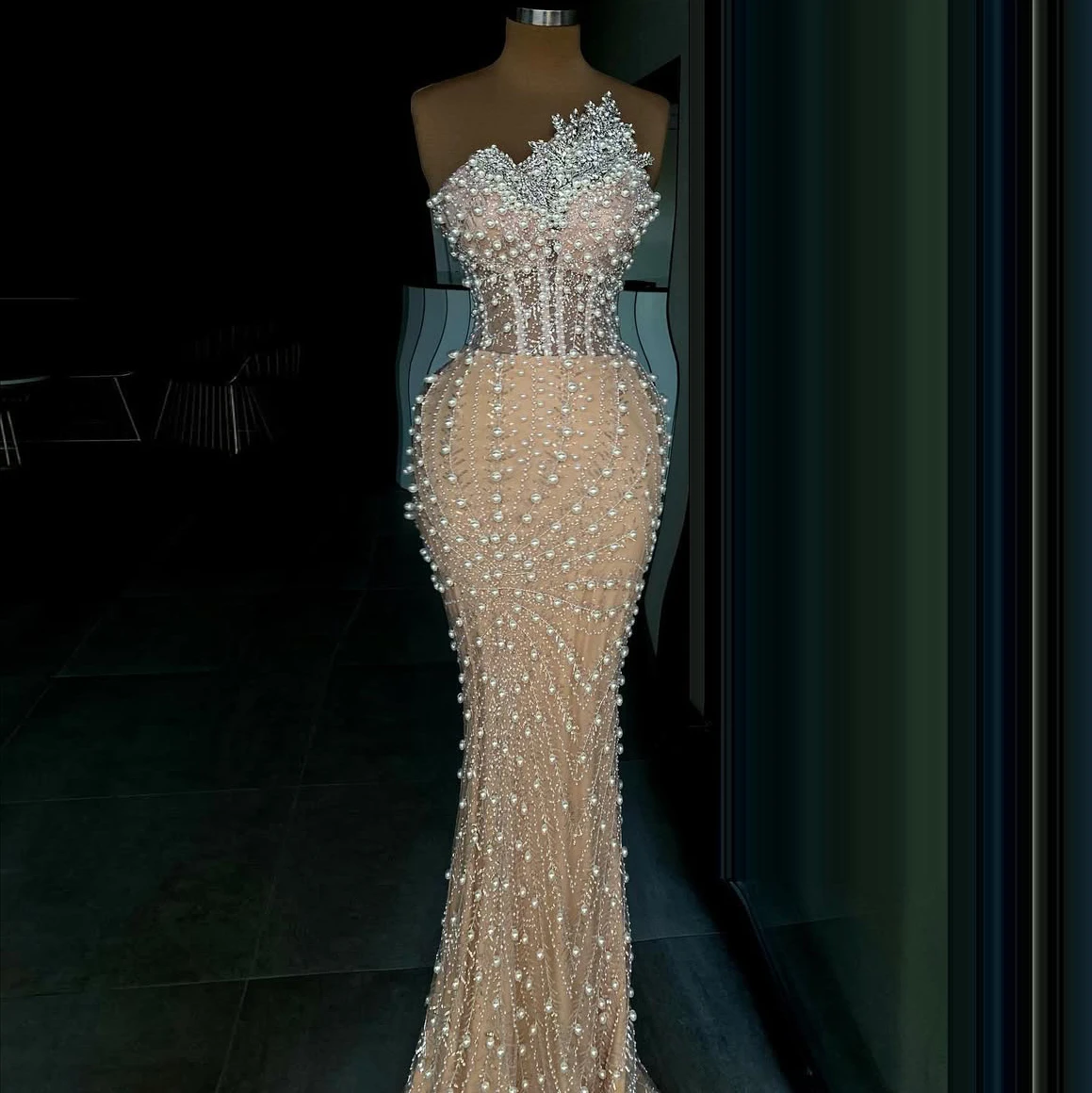 

Ball gown with rhinestone V-neck and beaded mermaid dress pearl champagne dress floor-length evening gown party dresses