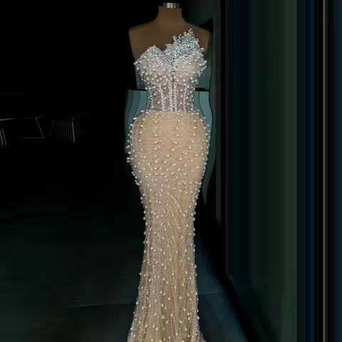 Long Ball gown with rhinestone V-neck and beaded mermaid dress pearl champagne dress floor-length evening gown party dresses