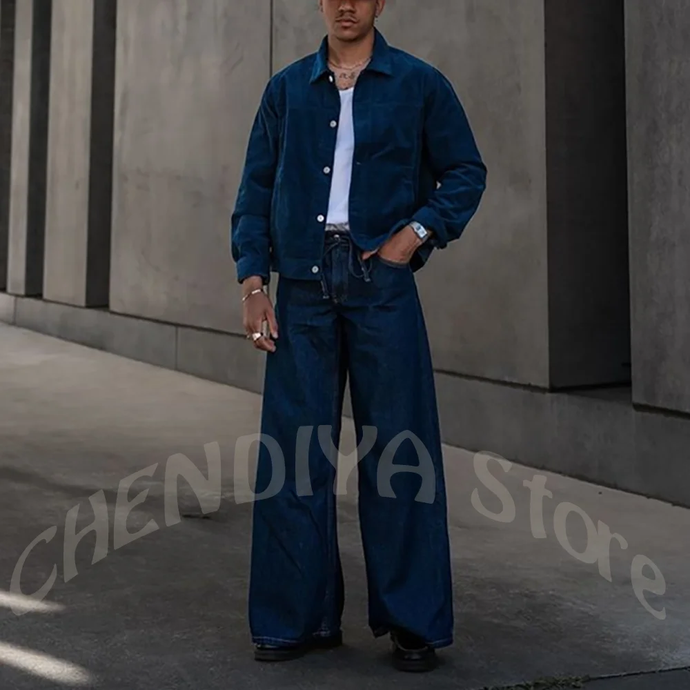

Casual Denim Men's Suit Two Piece Stand Collar Single Breasted Wide Leg Jacket Pants Fashion Outfit Club Daily Wear Street Style