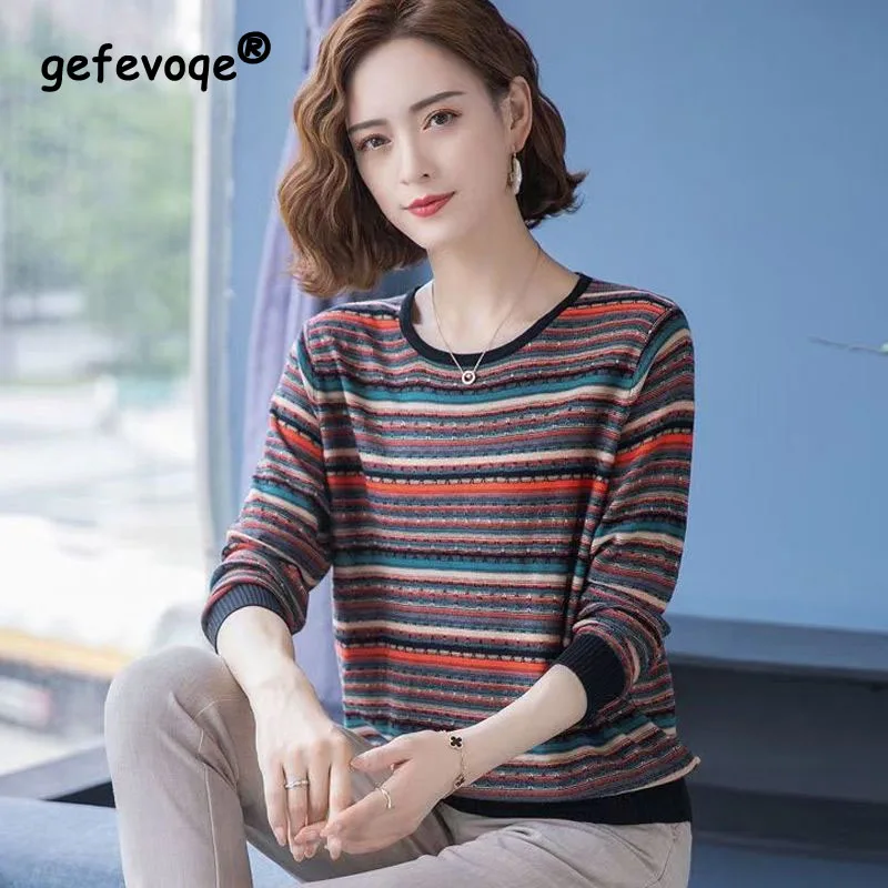 2023 Spring and Autumn Women\'s New Comfortable Long Sleeved Striped T-shirt Versatile Casual Knitted Bottom Shirt Affordable Top