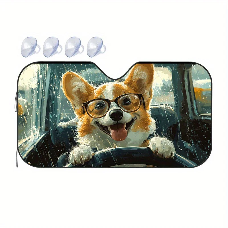 Conducción lindo Corgi perro coche parasol bloqueo UV escudo térmico, ganchos de sombrilla portátiles fácil almacenamiento