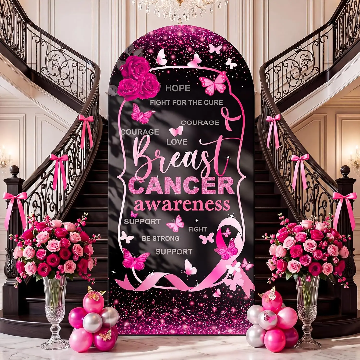 Housse de toile de fond pour la sensibilisation au cancer du sein, ruban noir et rose, double face, pour fête, décoration de fond Thème Femmes, Cancers, Foi, Espoir