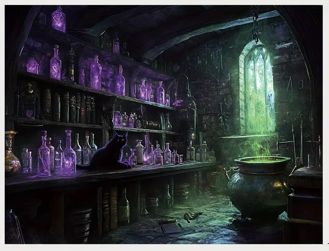

500/1000/1200/2000 PCS Jigsaw Puzzles Witch Potion Cat Scenery Family Activity Games for Gameroom Bedroom Home Decor Gift