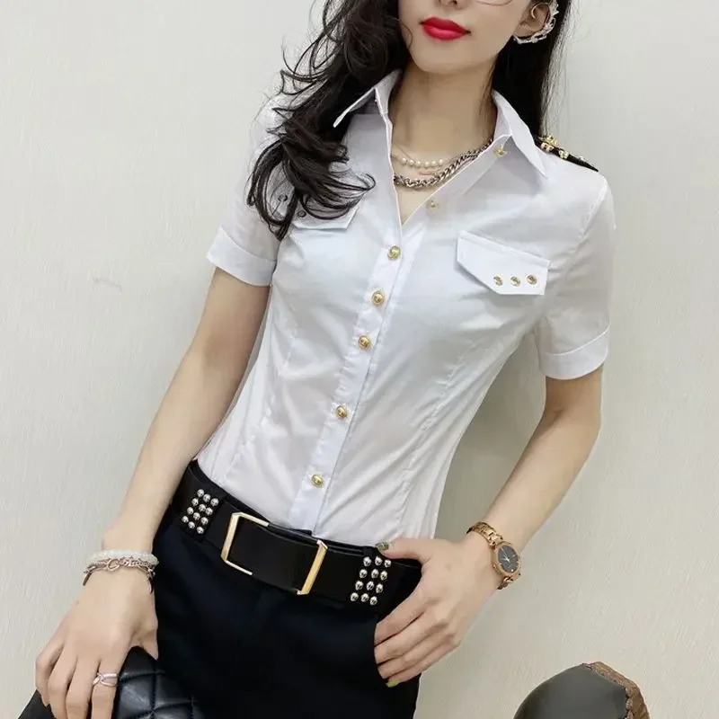 New Slim Summer Short-sleeved Shirt Women Epaulettes Autumn Long Sleeve Shirt White Korean Fashion Top Single-breasted