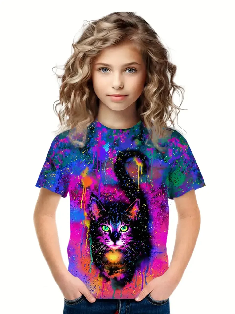 Ropa para niñas con estampado 3d de gatos y animales de dibujos animados, camisetas informales de moda, camisetas divertidas para niñas, Top de manga corta de verano 2025