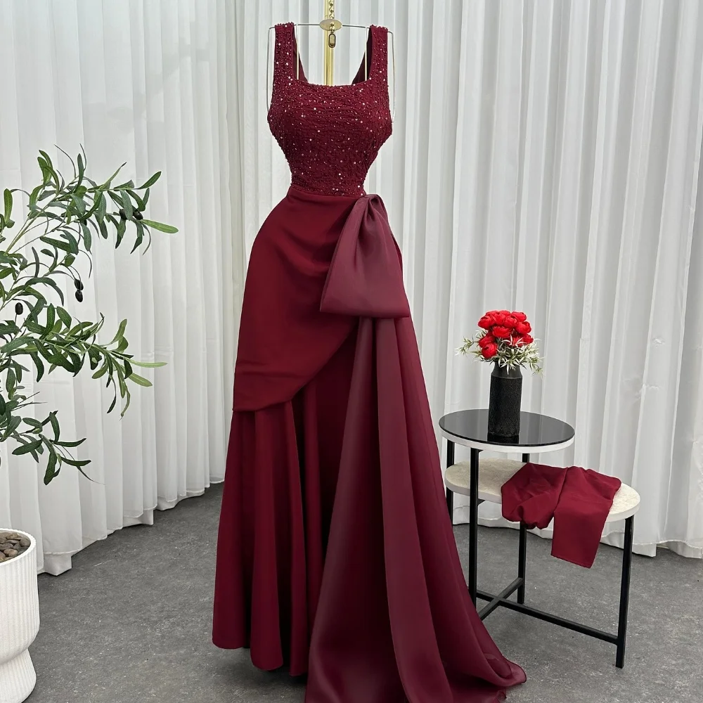 

Customized Fashion Intricate Jersey Bow Beading Sequined A-line Square Neck Long Dresses Bespoke Occasion Dresses High Quality