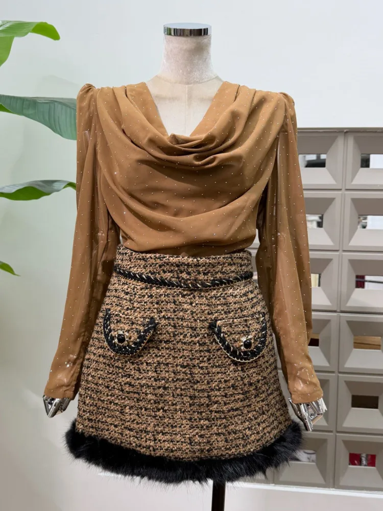 เสื้อชีฟองตาข่ายลายจุดแฟชั่นสำหรับผู้หญิง DFDG คอลเลคชั่นฤดูใบไม้ผลิ/ฤดูร้อน 2025 คอวีแบบผูกเอว แขนยาว จับจีบ