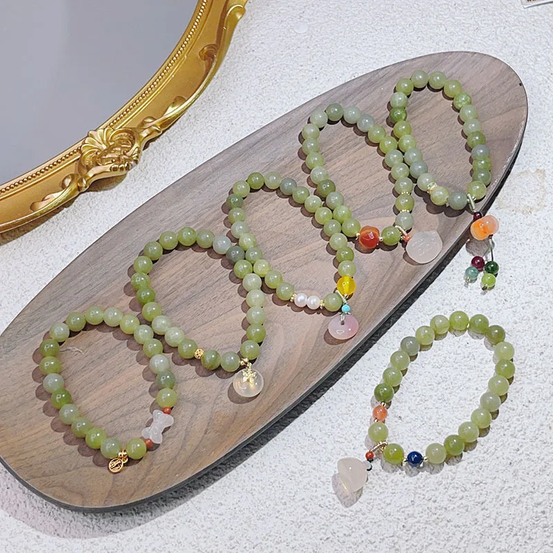 Lucky Natural Green Jade Beads Cat's Paw Lotus Pumpkin Chalcedony Pendant Beaded Strand Bracelets for Women Fine Jewelry YBR991