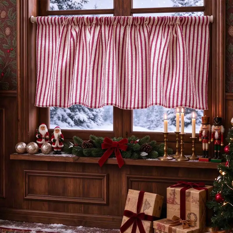 1PC Christmas Striped Curtain with Short Curtains Suitable for Holiday Parties, Windows, Cabinets, Home decoration