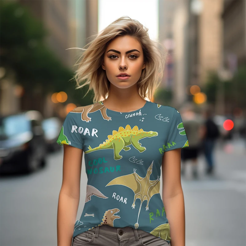 T-shirt imprimé dinosaure 3D pour femme, style mignon, décontracté, tendance de la mode, été, nouveau