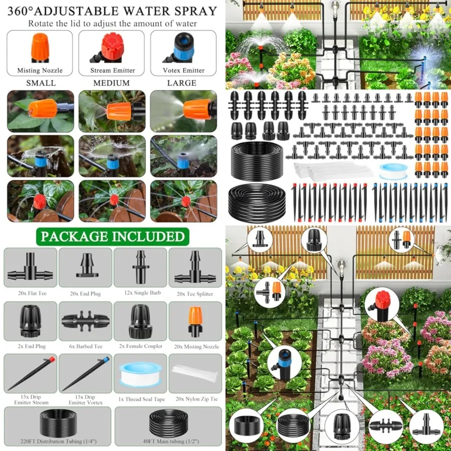

Drip Irrigation System Kit, Automatic Drip Irrigation Kit with 1/2 inch Hose 1/4 inch Distribution Tubing and Accessories for G