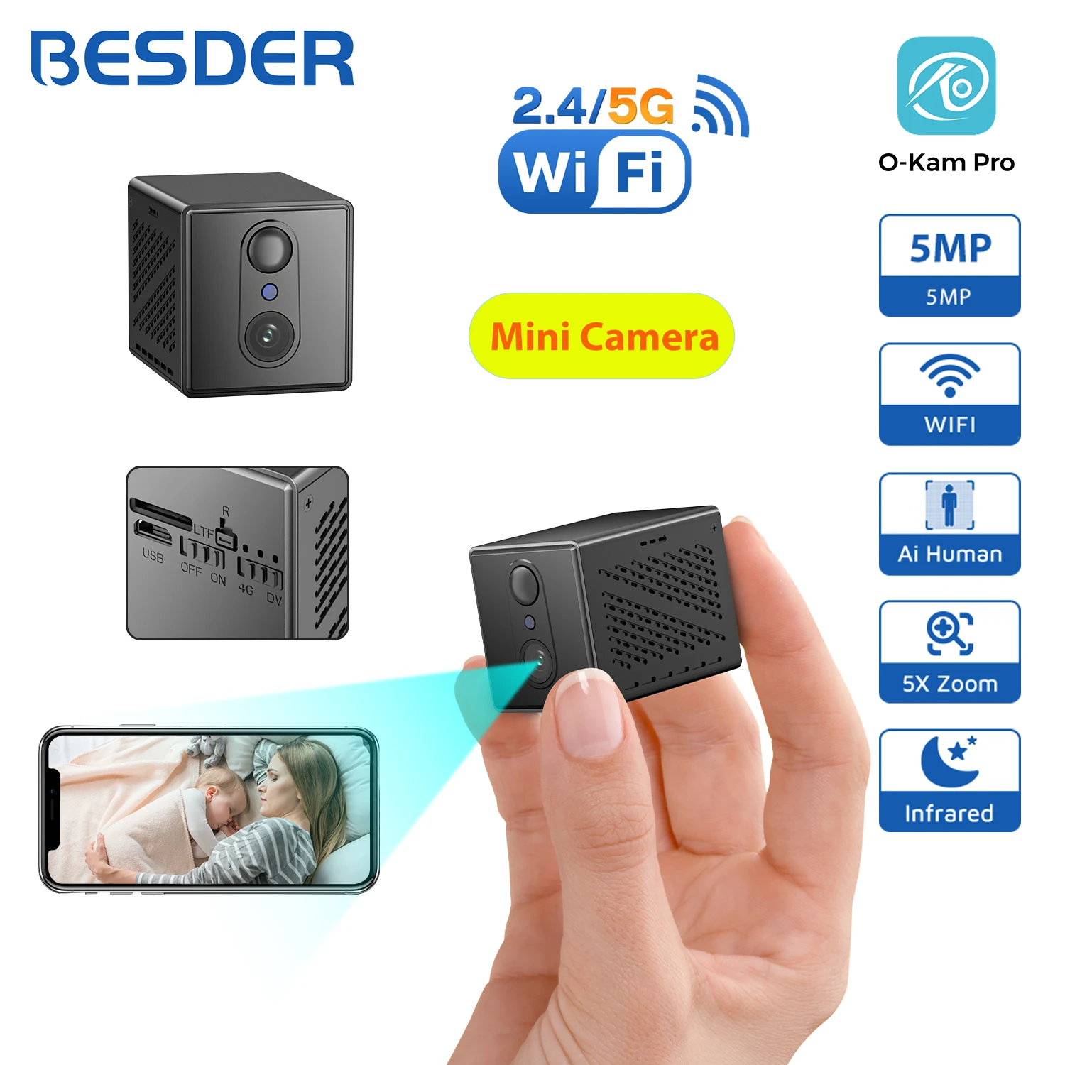 BESDER 5MP Mini Wifi Camera Built-in 2400mAh Rechargeable Battery Indoor Human Detect 5X Zoom Surveillance IP Camera O-Kam Pro