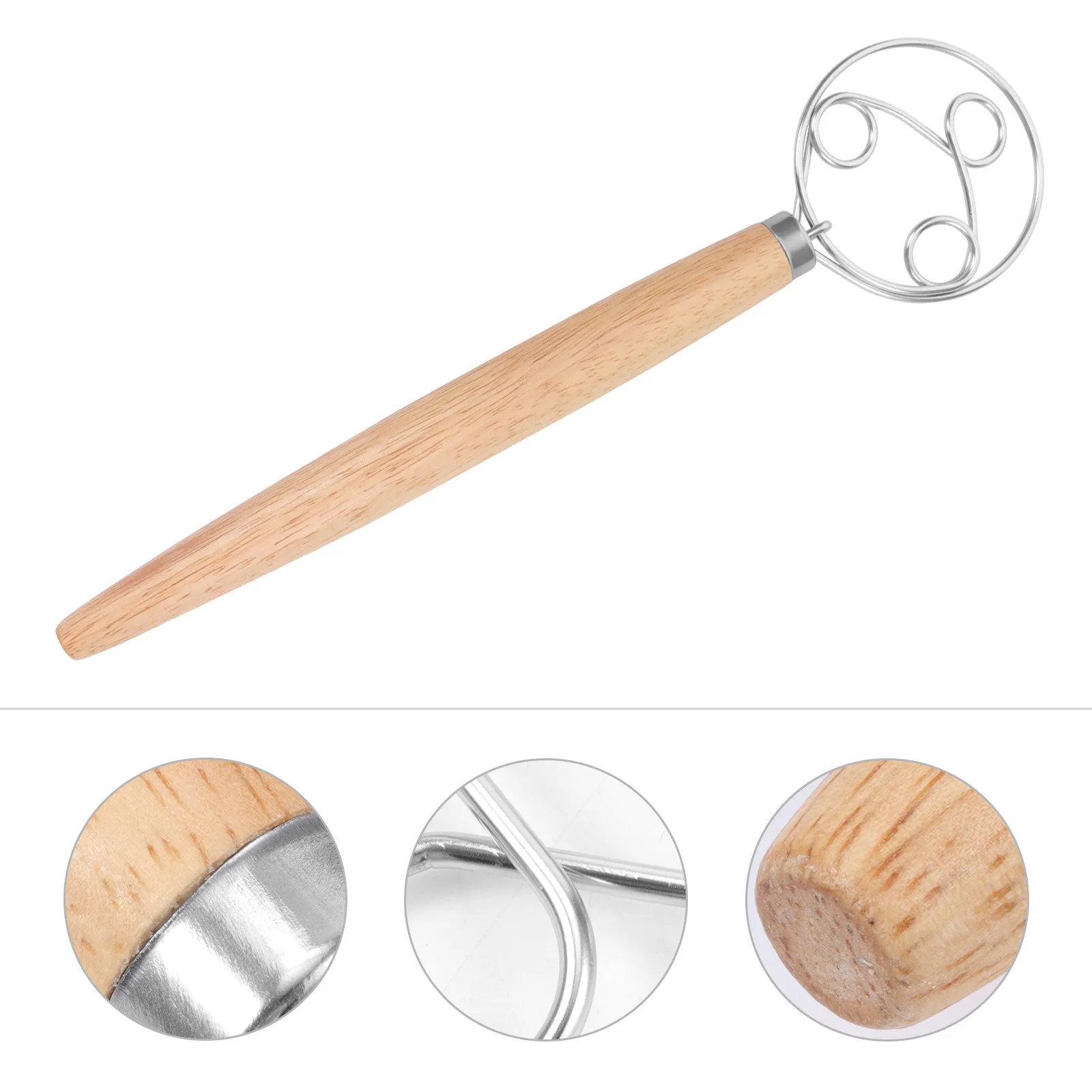 1Pcs Three-Ring Oak Handle Stainless Steel Flour Whisk for Baking Dough Mixing Pizza Pie Pastry Bread Pancakes Kitchen Gadget