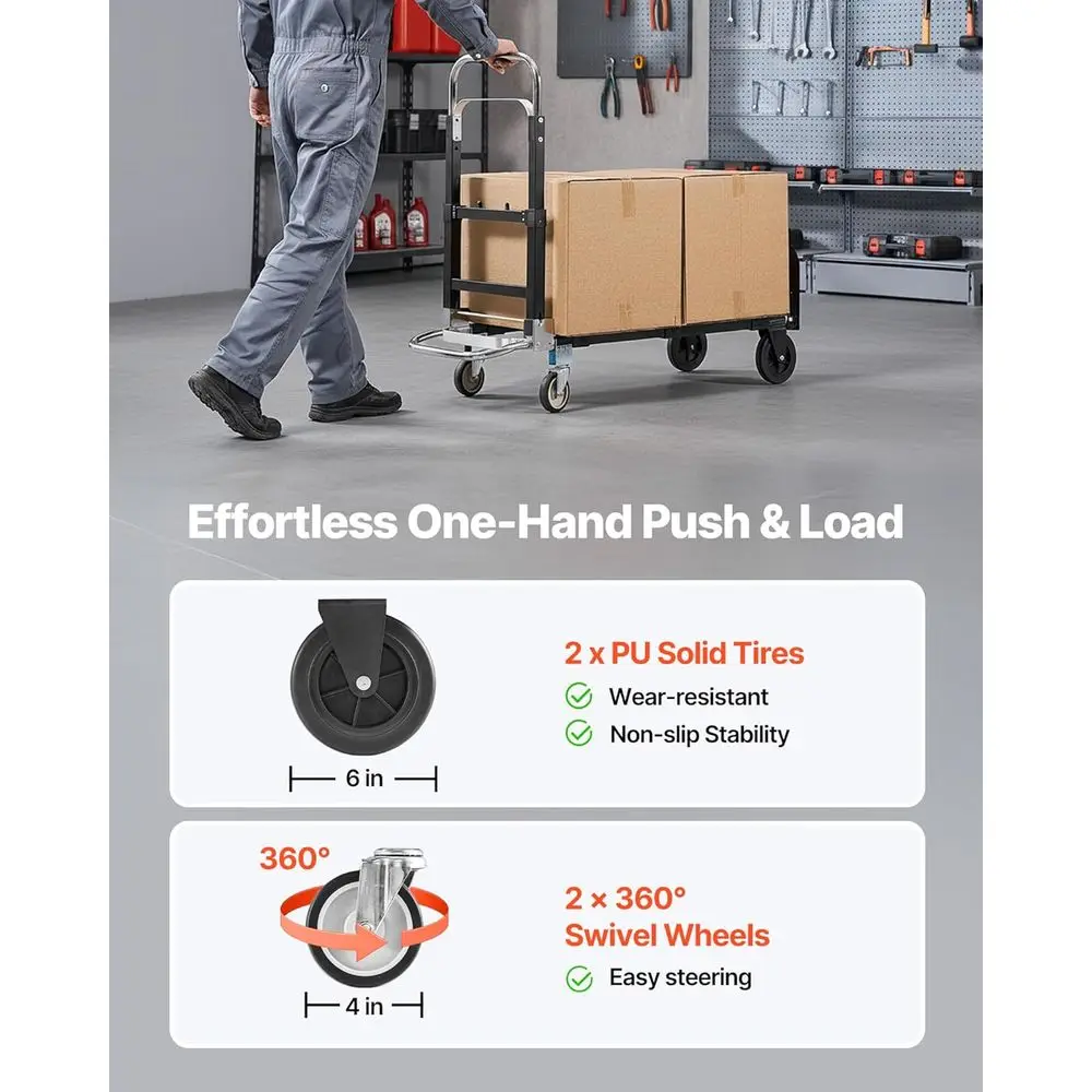 รถเข็นพับได้ 4 ล้อ แบบแปลงสภาพได้ รับน้ำหนักได้ 500 ปอนด์ รถเข็นแบบพกพาสำหรับใช้ในบ้าน สำนักงาน และคลังสินค้า