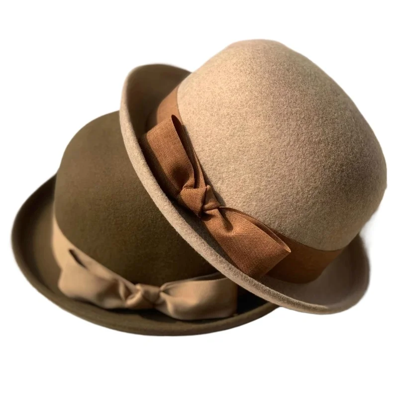 Autumn and winter new camel wool rolled small top hat female bow sweet lovely multi-color match