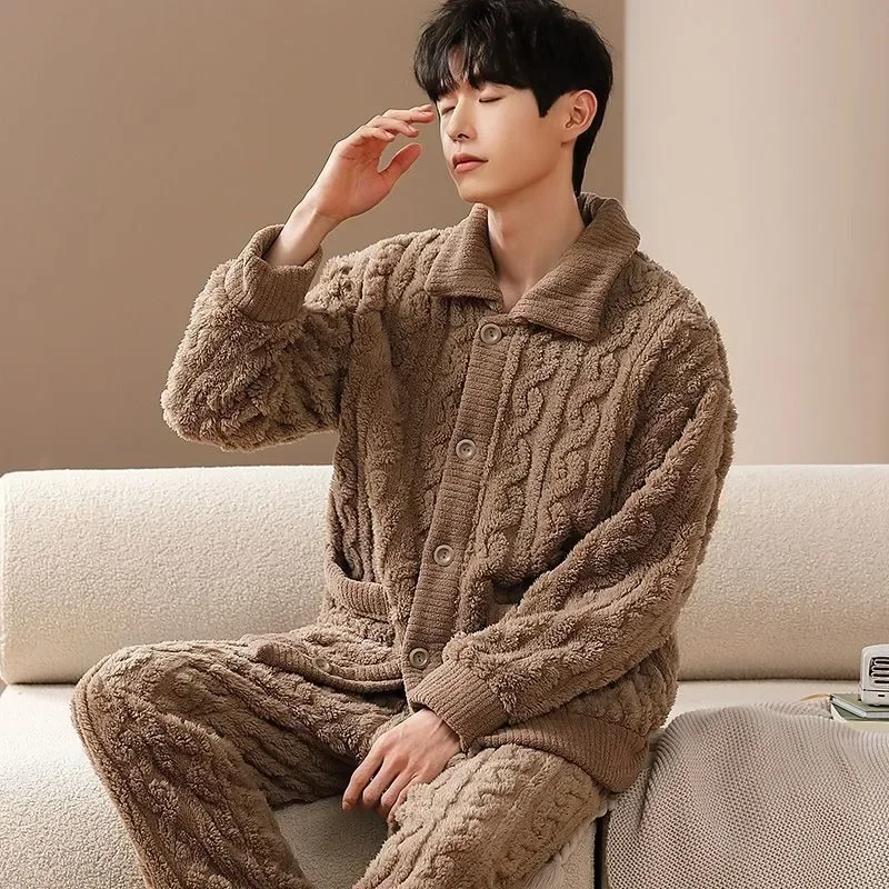 Male Pajamas Autumn Winter Fleece-Lined Thickened Coral Fleece Homewear Suit Flannel Warm Teenagers Large Size Sleepwear Sets