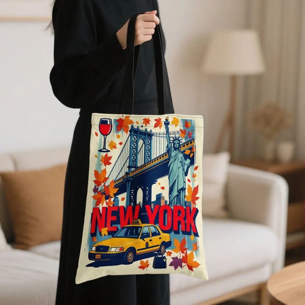 1pc New York City Skyline Print Tote Bag Reusable Grocery Bag Statue of Liberty & Autumn Leaves Design Shopping Bag