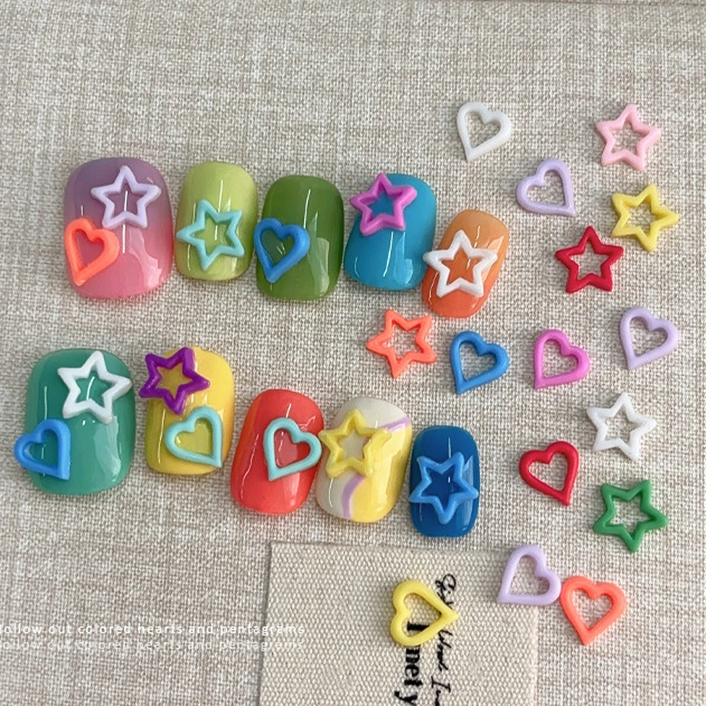 100Pcs Mixed Colorful Star Heart Nail Art Charms 3D Resin Ice Transparency Hollowed Love Nail Decoration Kawaii DIY Nail Parts