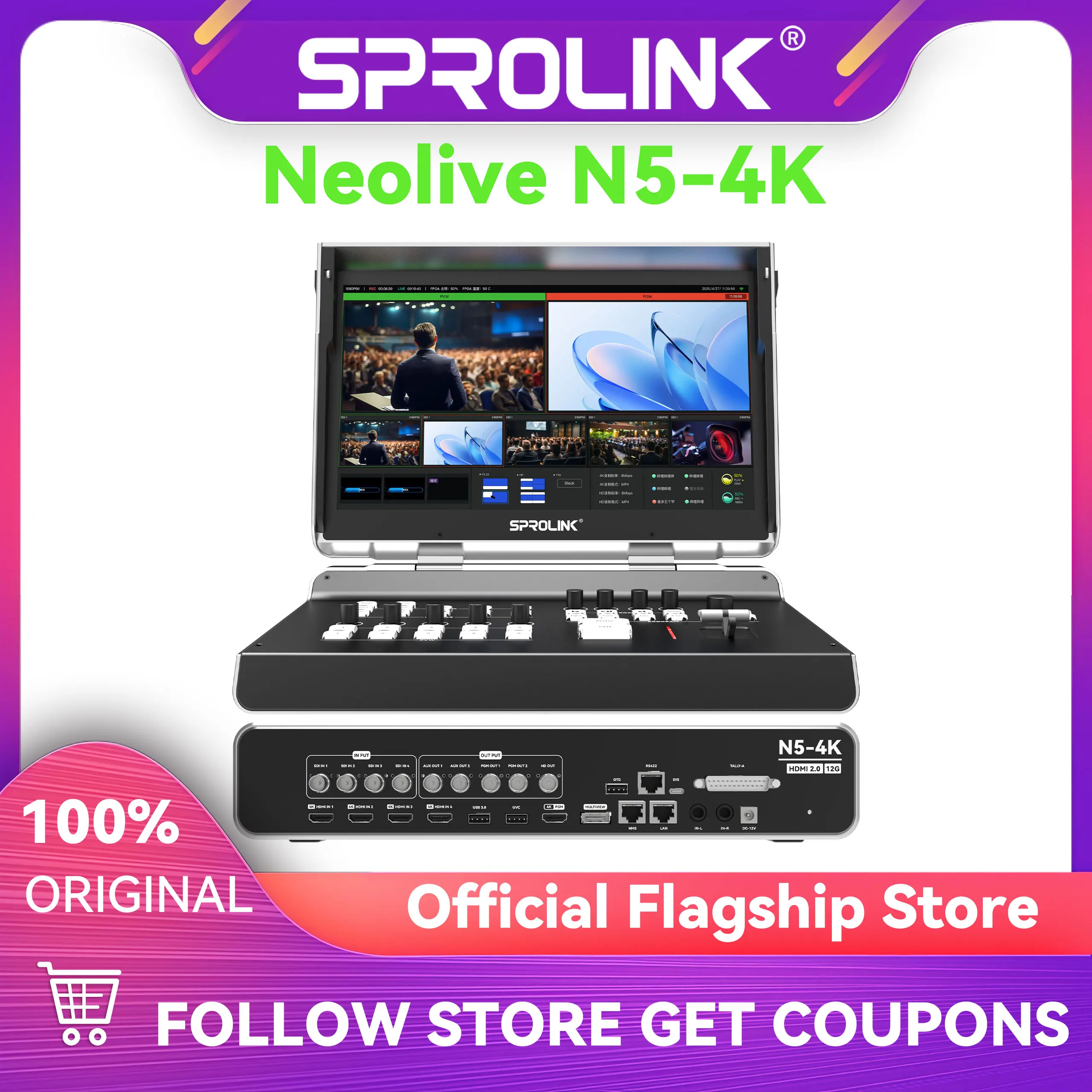 SPROLINK Neolive N5 4K Video Switcher for Live Streaming 15.6-inch Large HD Screen USB3.0 & 4K Input &4K60Hz Output