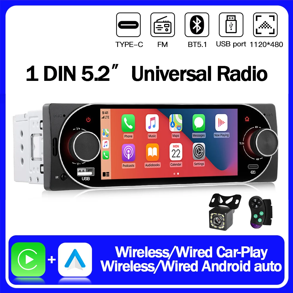 

1DIN Dual-Knob MP5 Player Wireless Carplay Car Radio for Universal CarPlay Video Smart BT Car Stereo Auto Touch Srceen