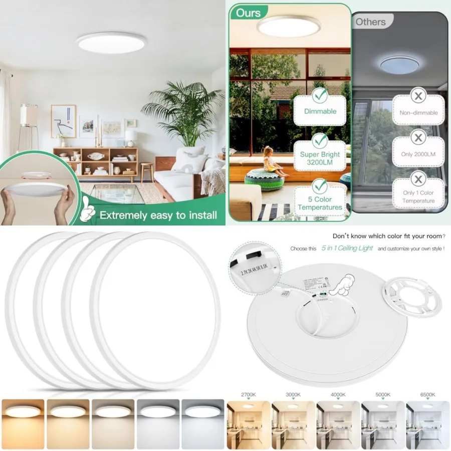 4Pack LED Flush Mount Ceiling Light Fixture, 12 Inch 24W, Super Slim 0.67 Inch, 3200LM, Dimmable and 2700K-6500K 5 Color Select