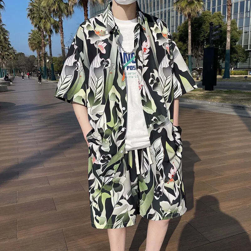 plus Size Men's Summer Tropical Leaf Print Shirt And Shorts Set Short Sleeve Breathable Beach Vacation Outfit M-XXXXXL