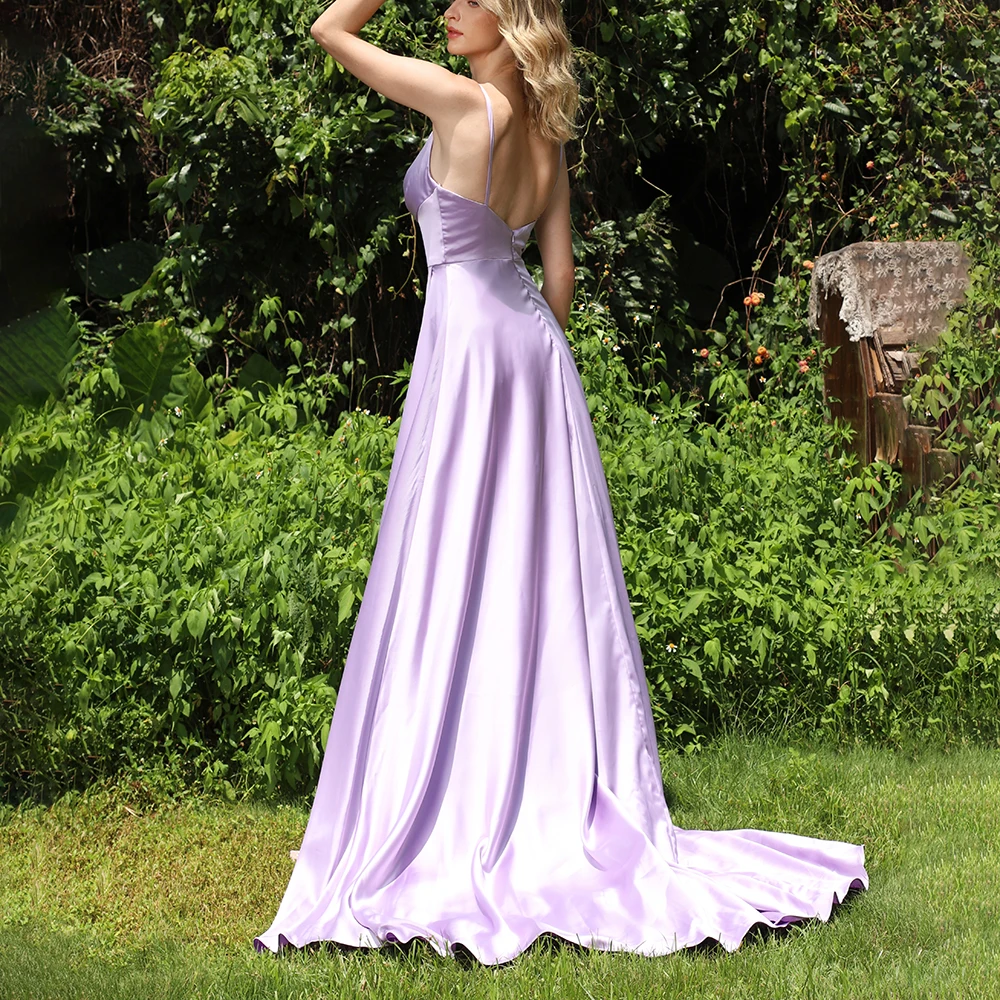 Purple Satin Long V-Neck Spaghetti Strap Backless Sweep Train Wedding Dubai Elegant Evening Gown Formal Party Prom Dresses