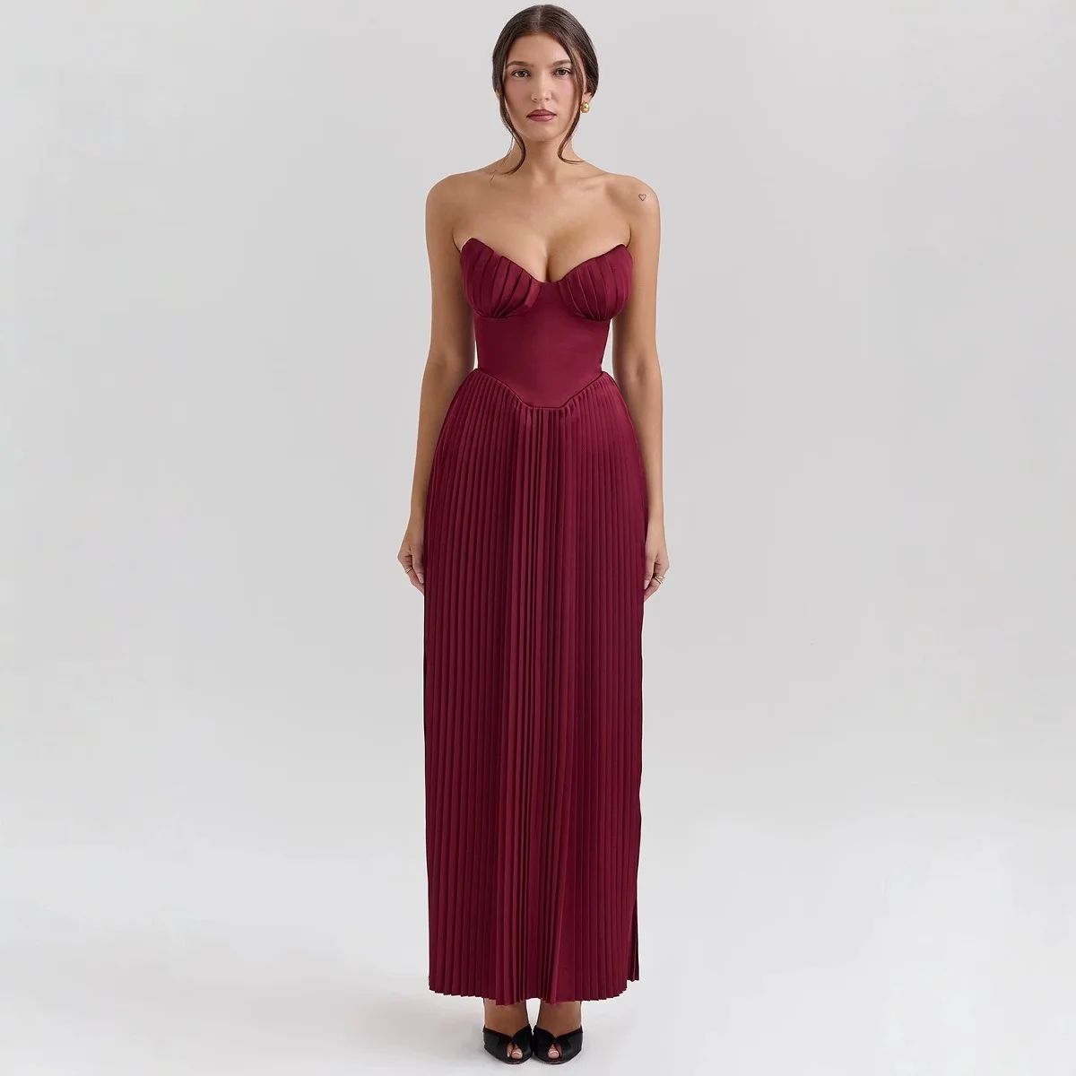 

Сексуальное женское платье винного цвета с плиссировкой и завышенной талией, без бретелек, для торжественных мероприятий