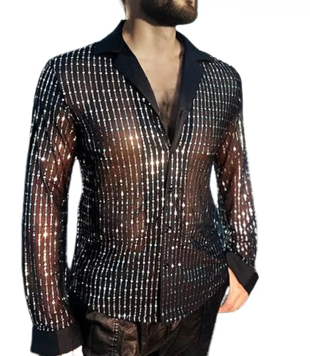 

Men Shiny Sequins Shirt Long Sleeve Button Down Disco Party Shirt Night Clubwear Prom Dance Performance Tops Halloween Costumes