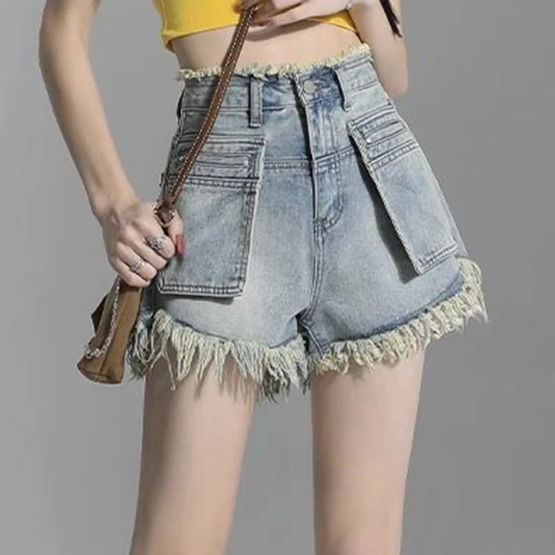 Tassel Large Pocket Denim Shorts Women's 2023 Summer New French High Waist Loose A-line Hot Pants