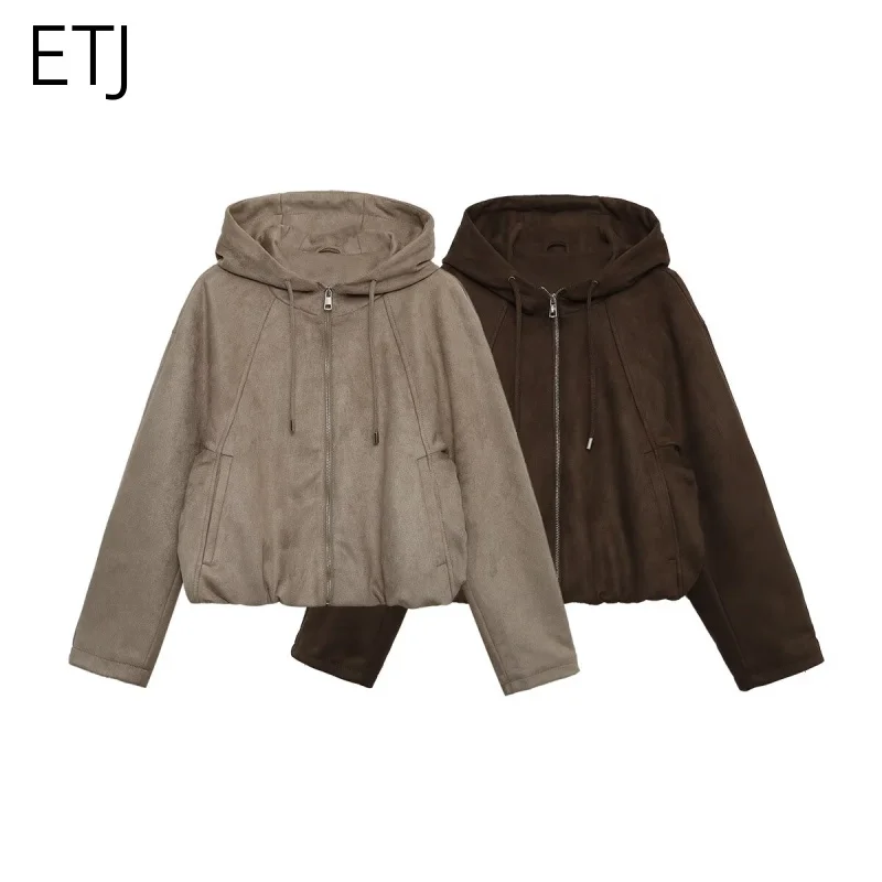 

ETJ 2025 winter new women's fashion suede texture effect hooded bomber jacket loose version casual jacket