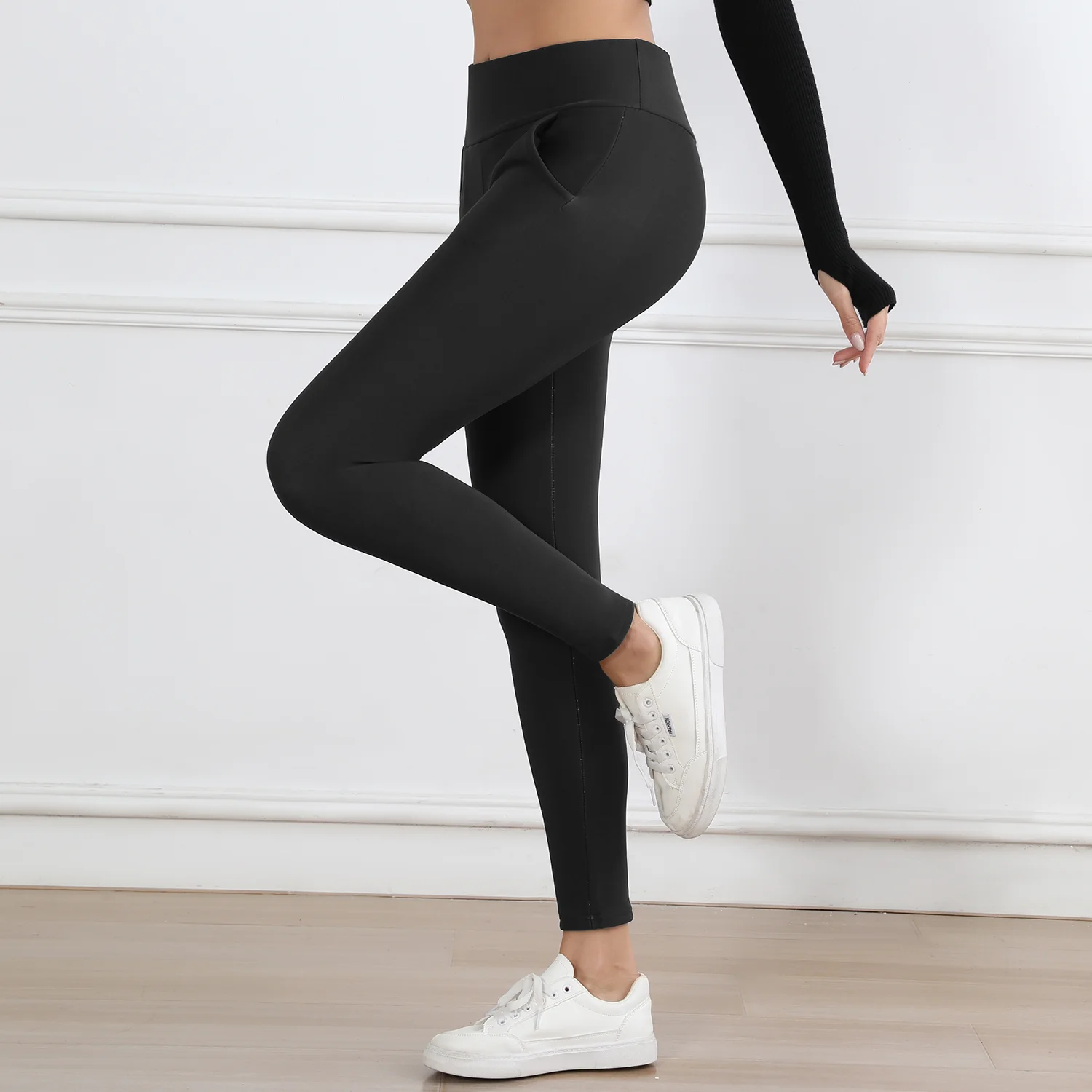 Leggings gruesos con bolsillos de terciopelo para mujer, mallas cálidas informales de cintura alta cálidas para invierno, pantalones muy cálidos para evitar el frío