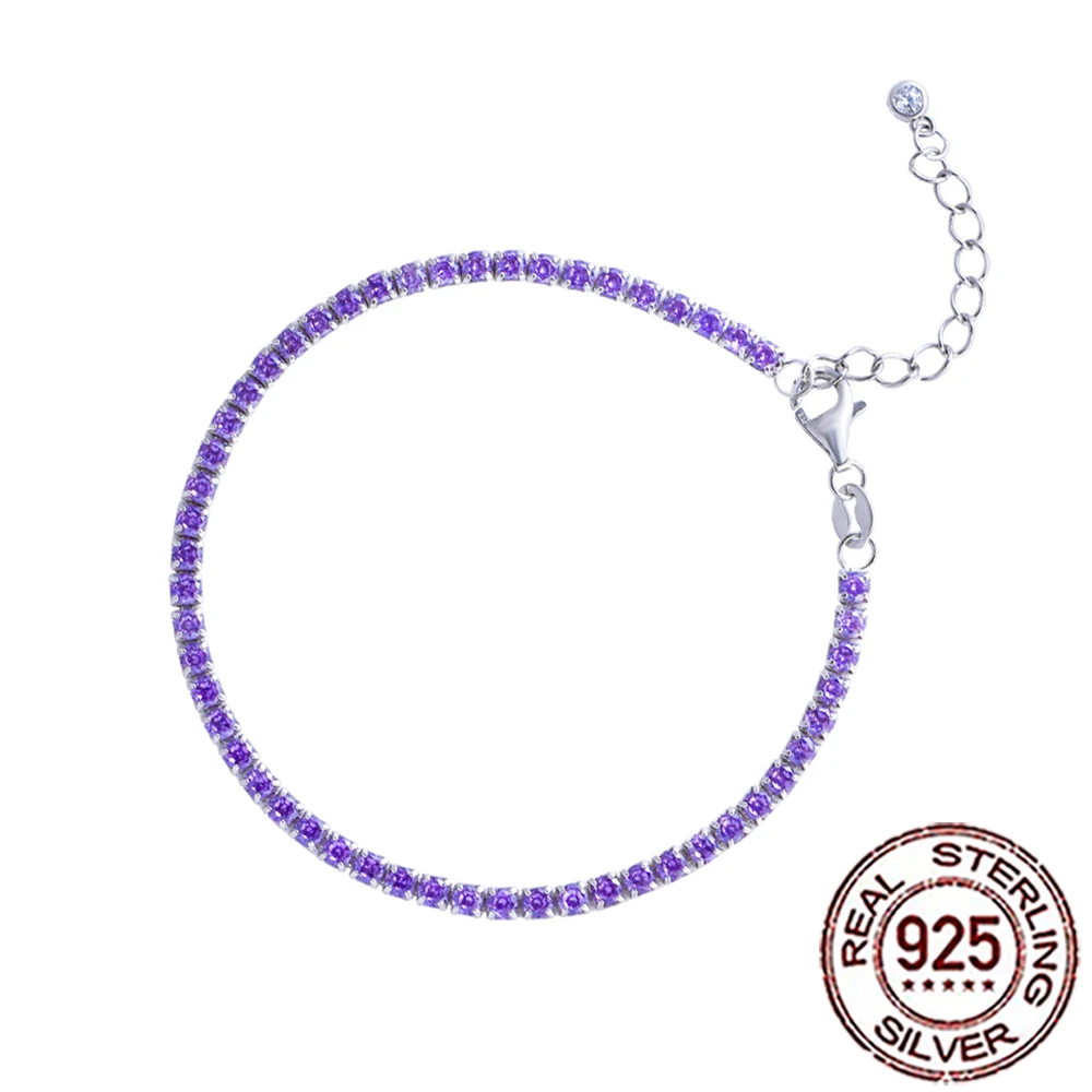 

QooLady S925 Sterling Silver Charming Purple Cubic Zirconia Bracelet Chian for Women Fine Anniversary Jewelry Festive Gift SB031
