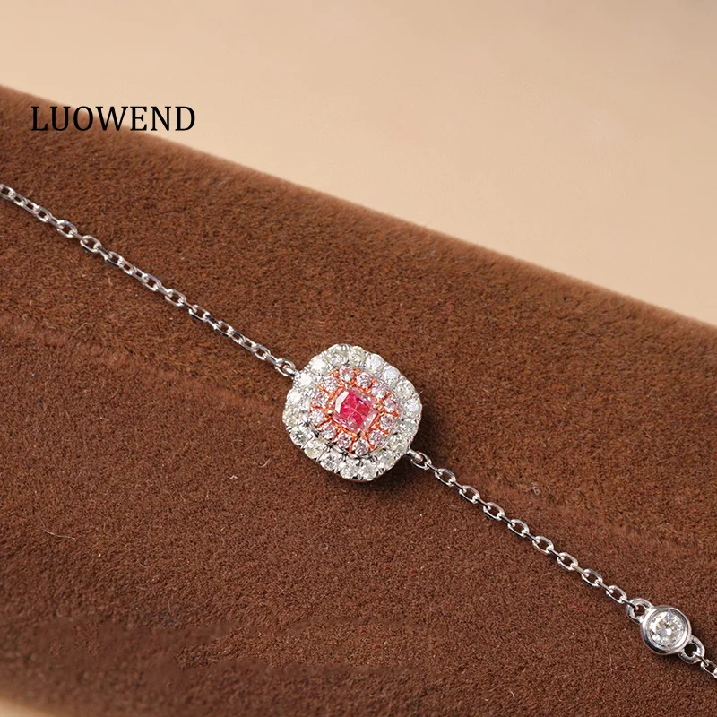 LUOWEND 100% 18K White Gold Bracelet Romantic Square Shape 0.35carat Real Natural Pink Diamond Bracelet for Women Christmas Gift