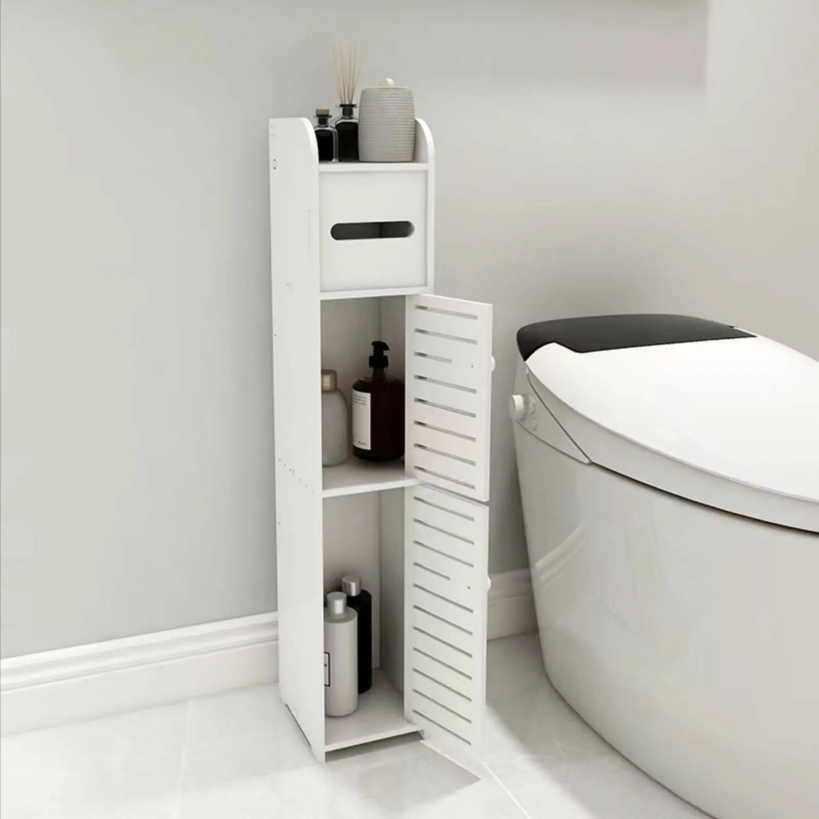 Narrow Toilet Side Cabinet Easy to Clean Narrow Bathroom Cabinet Slim Storage Unit Formaldehyde-Unrestricted Freestanding