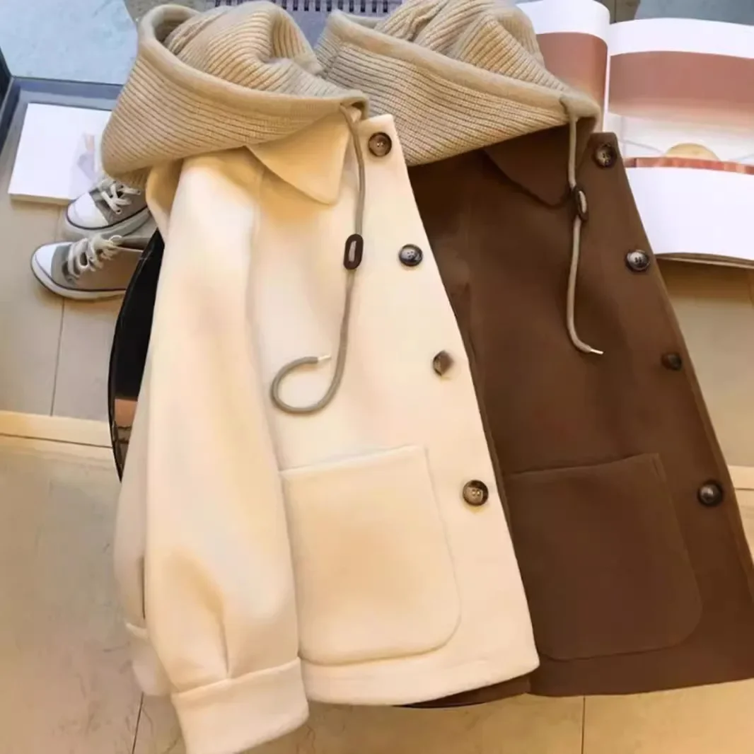 

Women's Knitted Woolen Coat Vintage Loose Fit Hat Design Thick Korean Style Autumn Winter Outerwear Fashionable Casual Coat