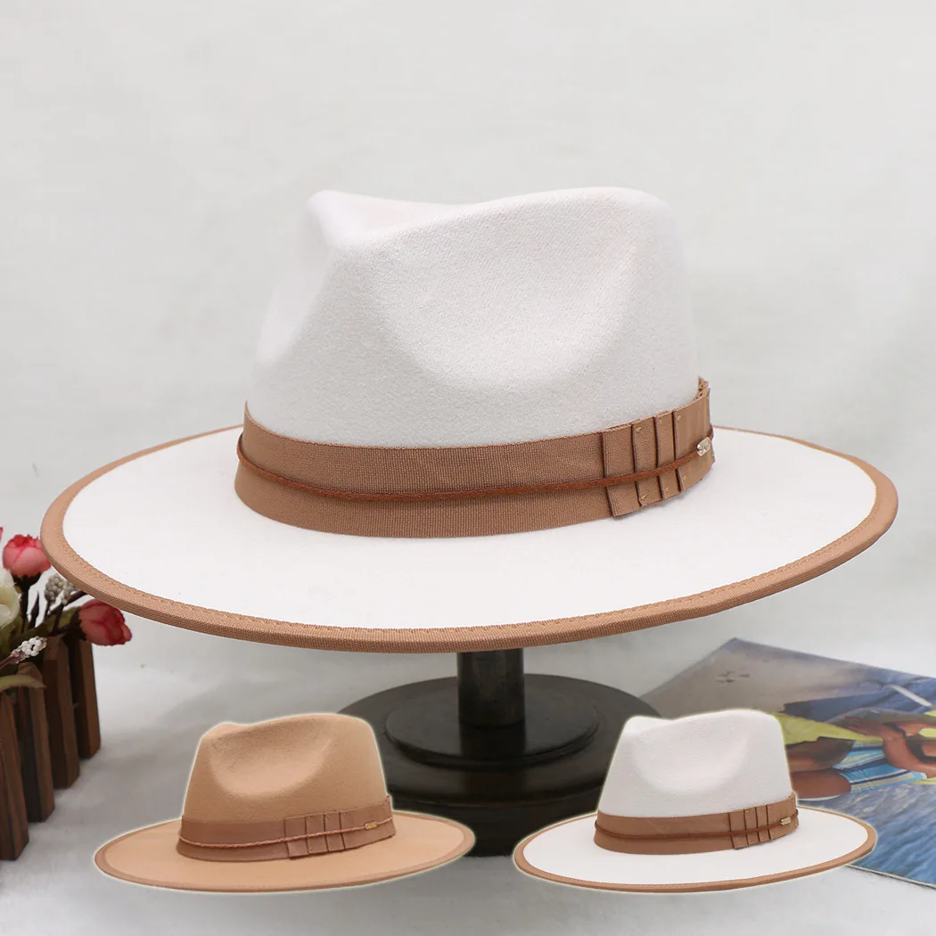 Independent Station European And American Style Woolen Flat Edge Fedora Hat Pleated Big Brim Top Hat Color Matching Hat