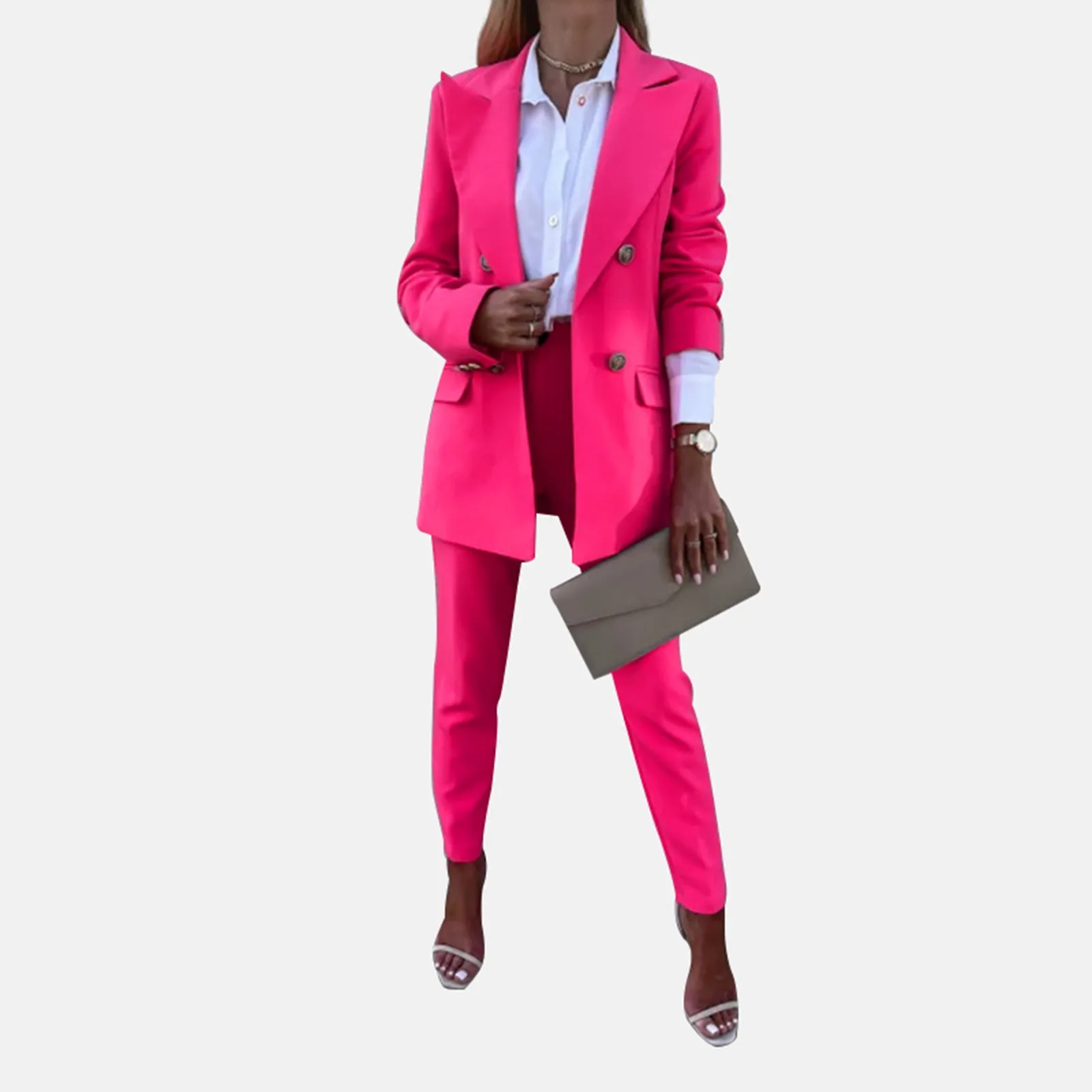 

Solid Color Fashion Lapel Double-Breasted Blazer Suits Fall Winter Elegance Temperament 2 Piece Set Ladies Commuter Pants Outfit