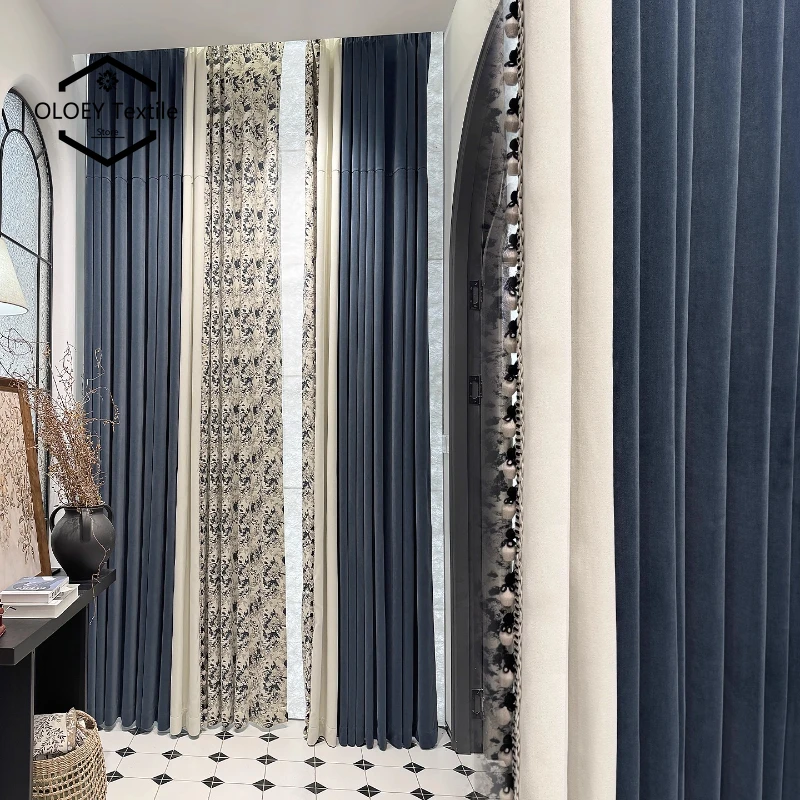 

Custom Size European Embroidered Blue Contrast Chenille French Curtains for Living Dining Room Bedroom White Tulle Elegant Decor