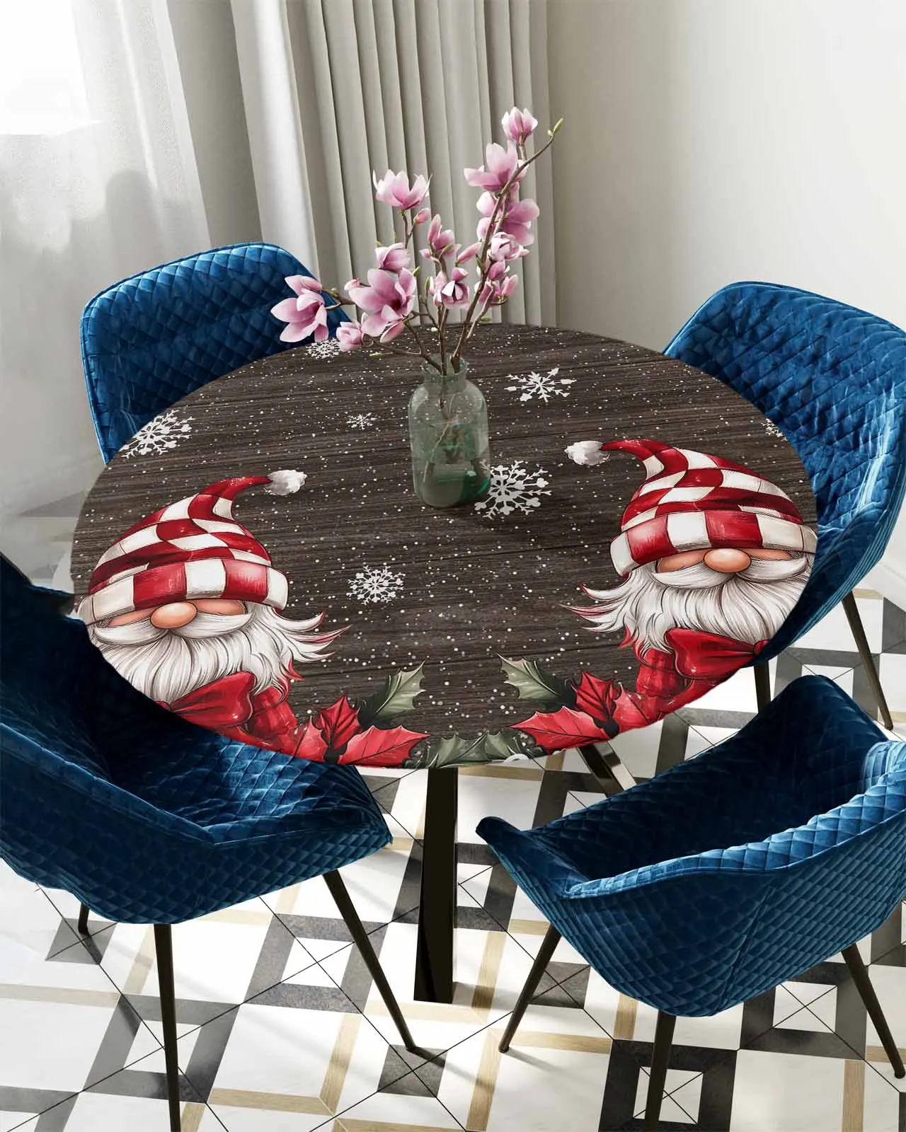 

Snowflake Goblin Flower Text Round Elastic Edged Table Cover Protector Cloth Waterproof Fitted Tablecloth