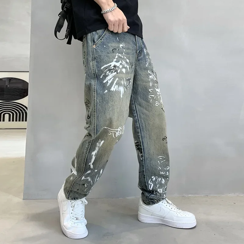 Trendy Brand Men's Jeans American StylewashingDistressedUnique Graffiti Printing Bell Bottoms Fashionable Streetwear Loose Fit