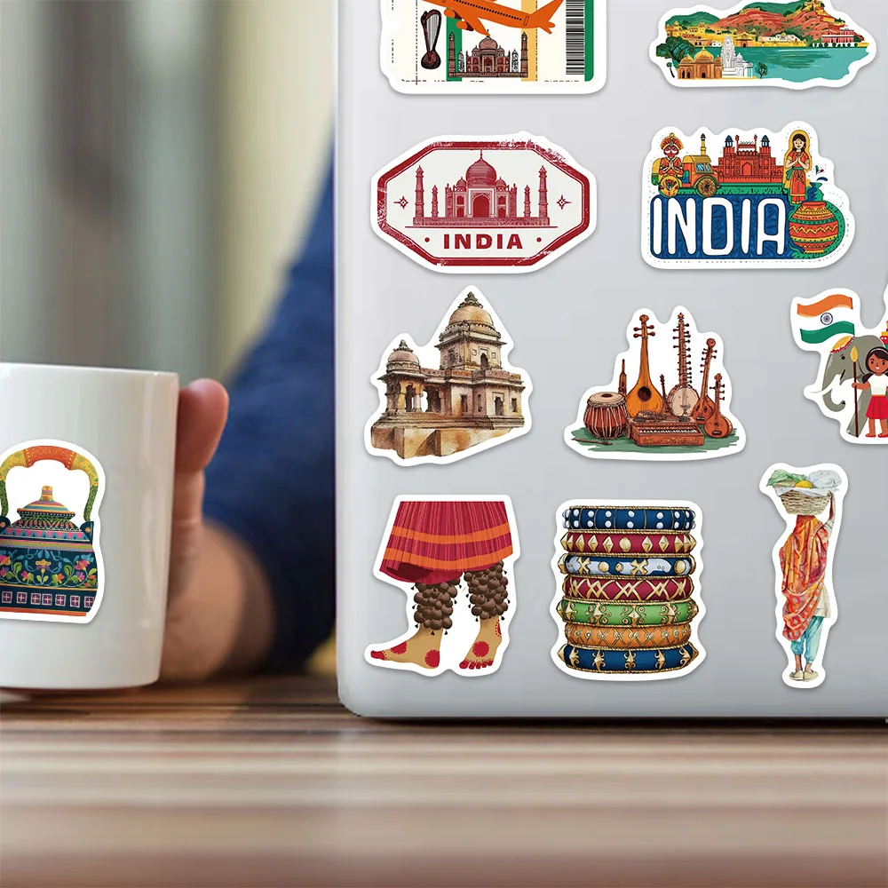 50PCS Indian Tourism Culture Cartoon Stickers Waterproof Taj Mahal Elephant Peacock Graffiti Stickers Laptop Decoration Stickers