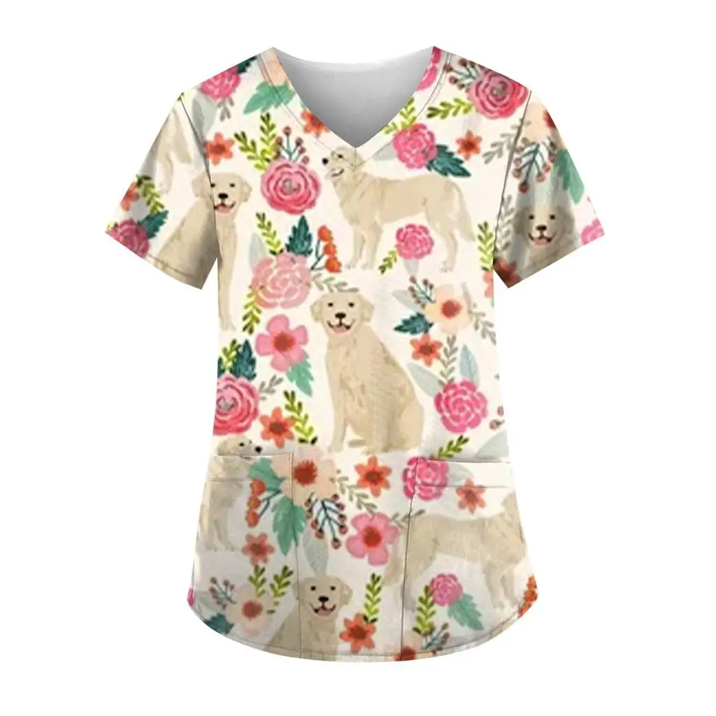 Women's work uniforms cute puppy animal fun print cartoon V-neck tops ladies shirts nurse work clothes medical uniforms