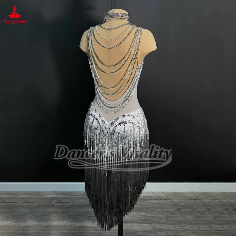 라틴 국제 챔피언십 블랙풀 댄스 축제 경쟁 의상 성인 살사 삼바 룸바 Tassels 드레스 사용자 정의