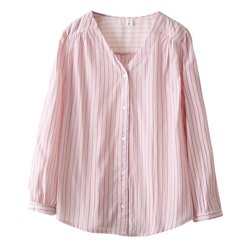 

Весна 2025 года, новые блузки больших размеров, 100 кг, стильная и повседневная полосатая рубашка с v-образным вырезом и длинными рукавами для женщин 821