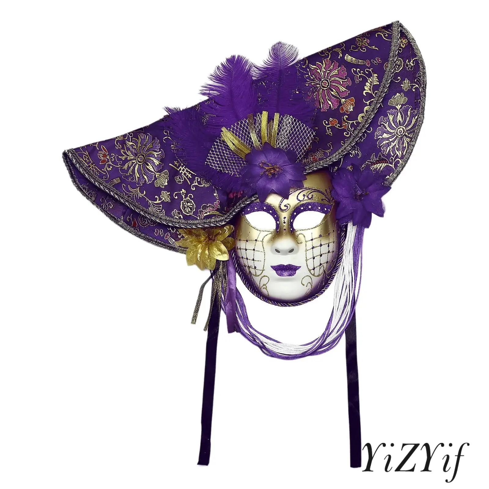 

Womens Full Face Mask Crystal Dusted Feathers Woven Metallic Belt Memory Foam Faux Peony Accents Gala Masquerade Accessory