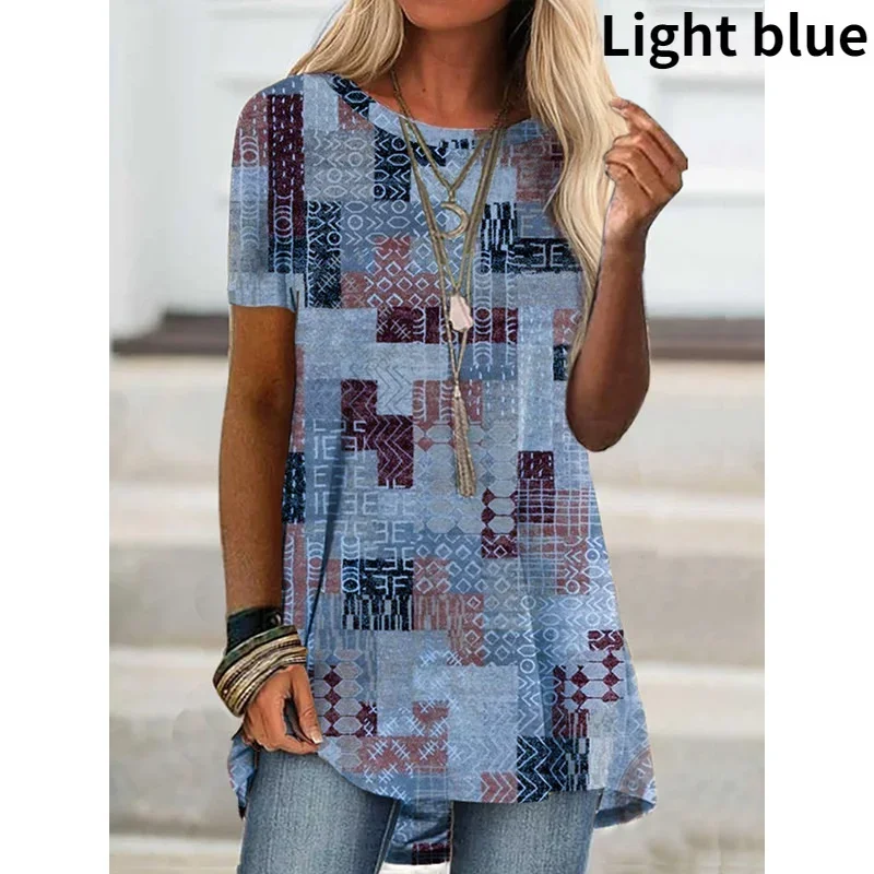 2023 Summer Women Clothing S-5XL Fashion Casual Blouse Floral Graphic Printed Short Sleeve Casual Tunic Loose O-Neck Tops