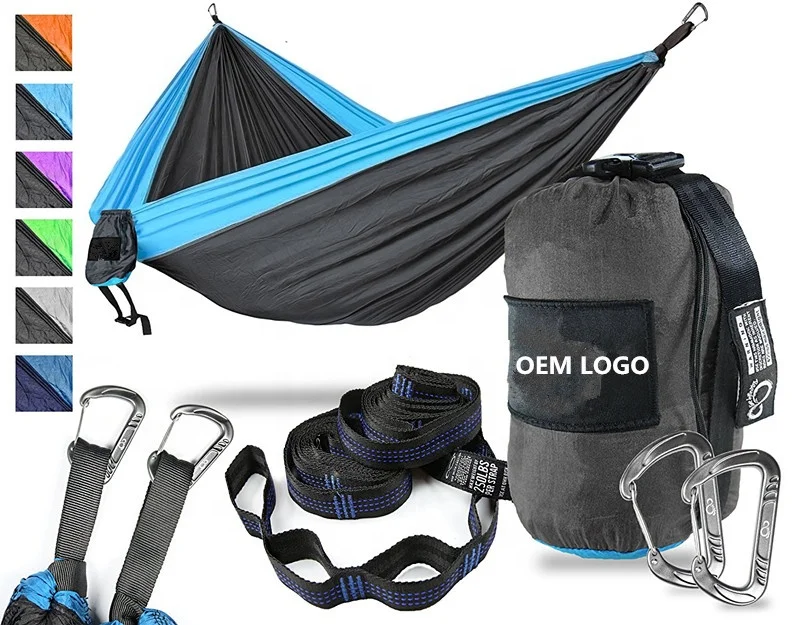 

double Portable lightweight Parachute Nylon Fabric Camping Hammock with tree straps SS carabibers and adjustable Cinch Buckle